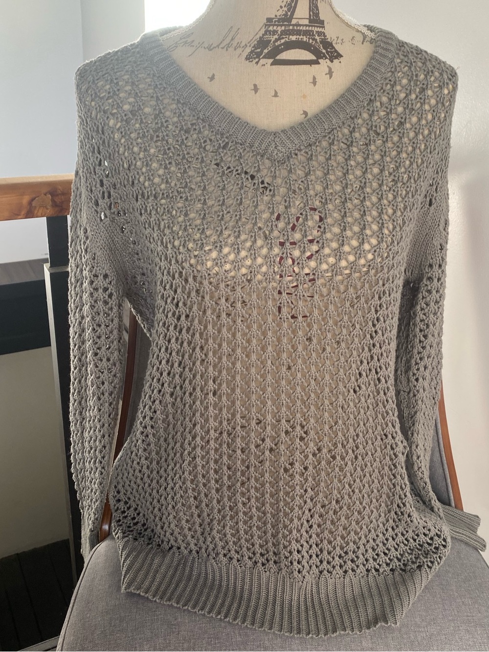 Miu Miu Gray Open-Knit V-Neck Sweater